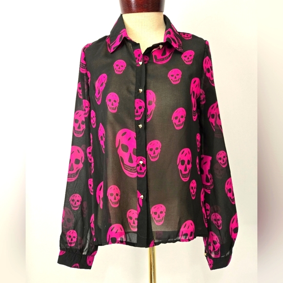 Black and Pink Sheer Skull Blouse with Studded Silver Buttons. Size Small - Picture 1 of 10
